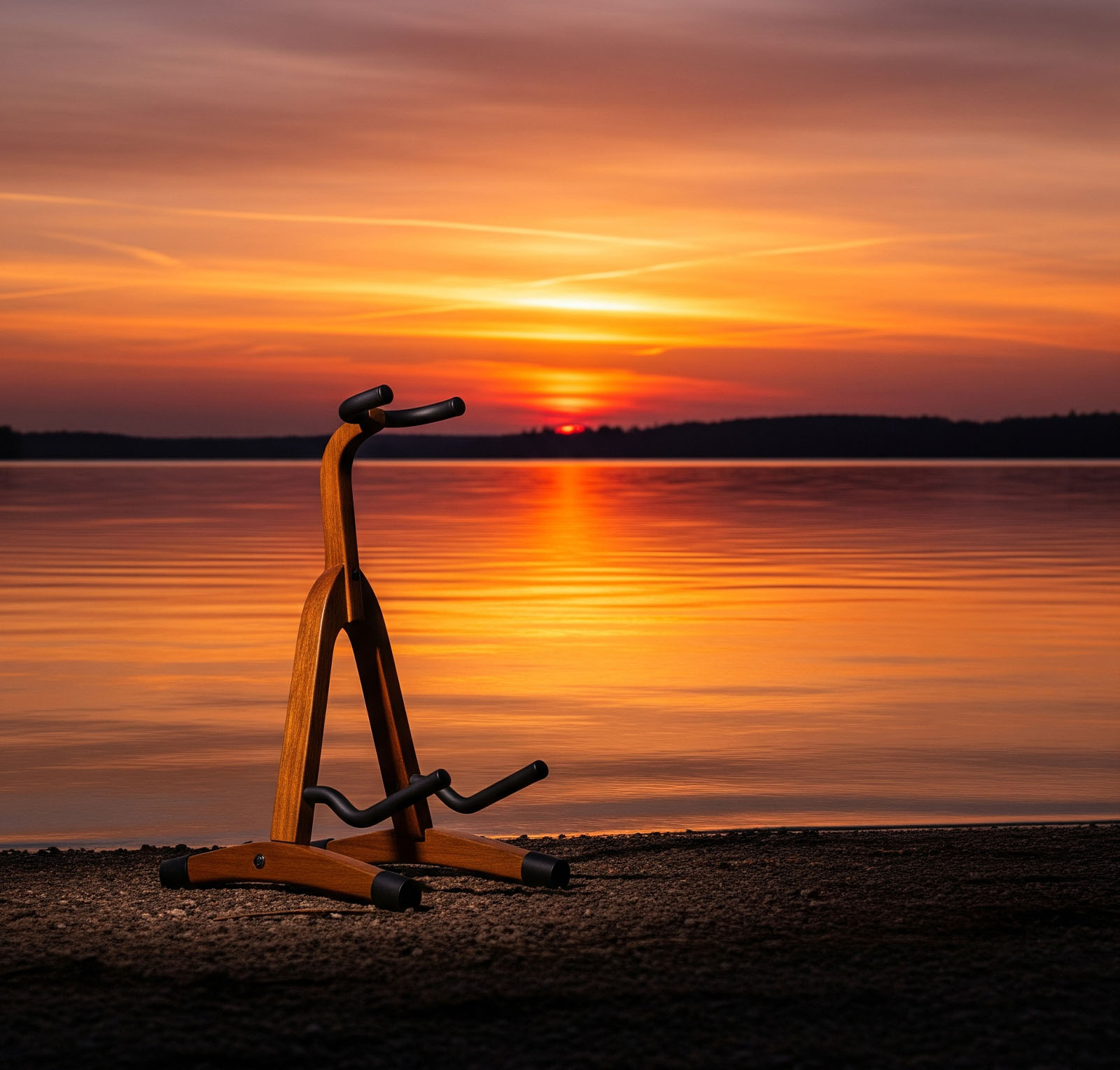 Ein leerer Gitarrenständer steht elegant im Sonnenuntergang am See